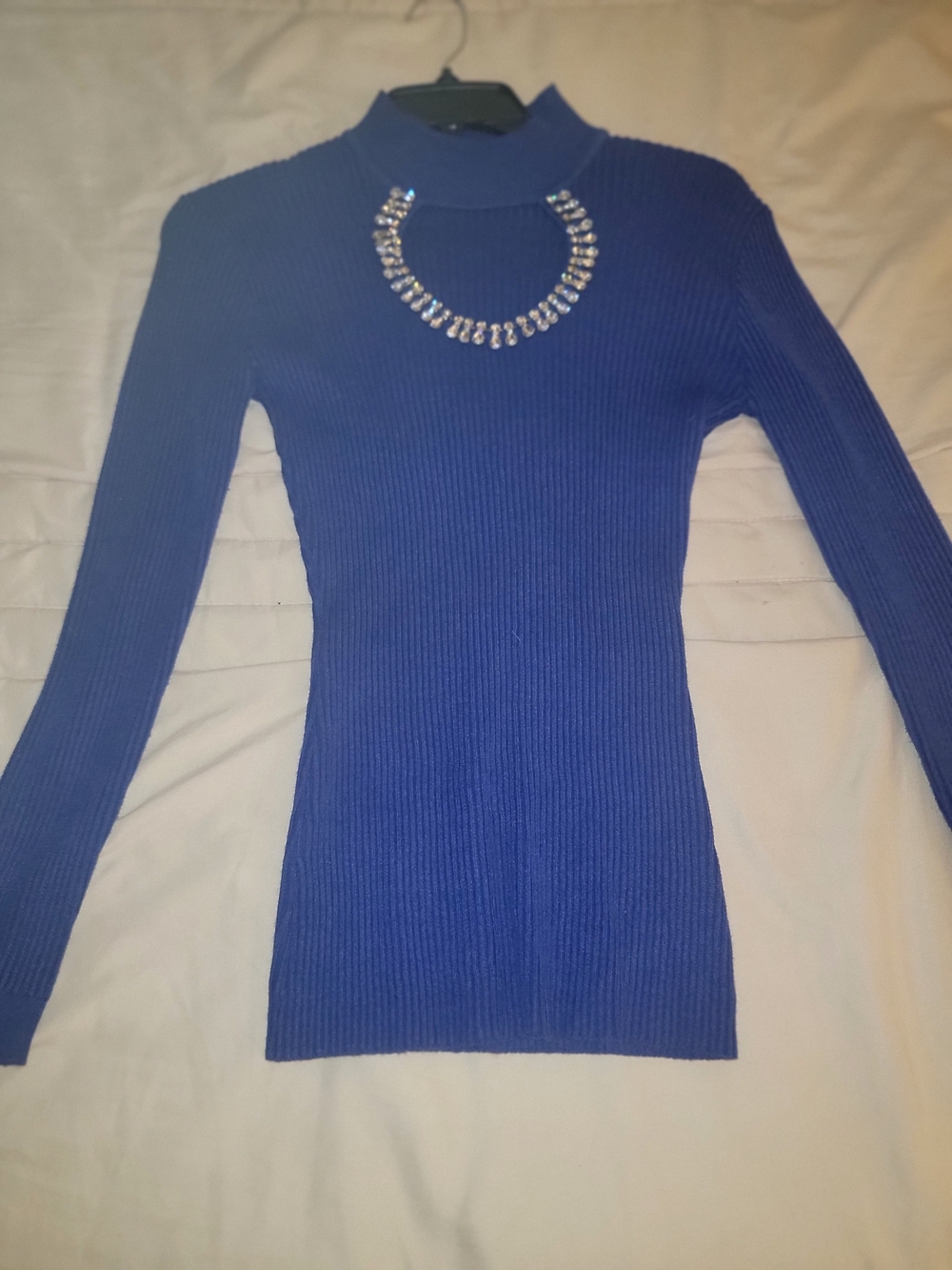 Ribbed Jewel-Neck Long Sleeve Sweater - Blue